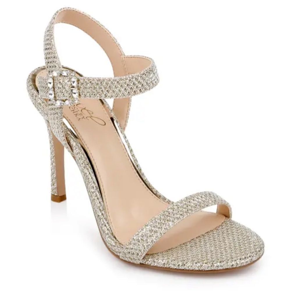 Jewel Badgely Mischka Arlina Glitter Open Toe Ankle Strap Sandal Heels Gold 8